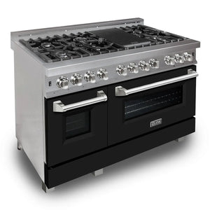 ZLINE 48 in. 6.0 cu. ft. Legacy Dual Fuel Range with 7 Burner Gas Cooktop and 2 Electric Ovens in Satin Stainless Steel and Black Matte Doors (RAS-BLM-48) main image.