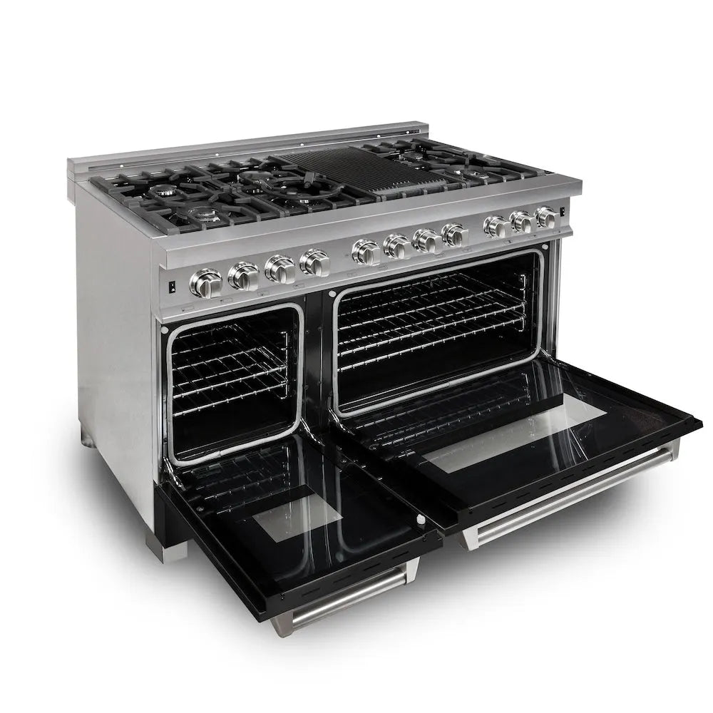 ZLINE 48 in. 6.0 cu. ft. Legacy Dual Fuel Range with 7 Burner Gas Cooktop and 2 Electric Ovens in Satin Stainless Steel and Black Matte Doors (RAS-BLM-48) side, ovens open.