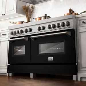 ZLINE 60 in. 7.4 cu. ft. Legacy Dual Fuel Range with 9 Burner Gas Cooktop and 2 Electric Convection Ovens in Satin Stainless Steel and Black Matte Doors (RAS-BLM-60) below, in a luxury farmhouse-style kitchen.