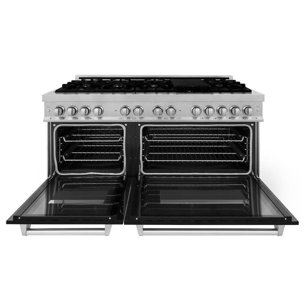 ZLINE 60 in. 7.4 cu. ft. Legacy Dual Fuel Range with 9 Burner Gas Cooktop and 2 Electric Convection Ovens in Satin Stainless Steel and Black Matte Doors (RAS-BLM-60) front, open.