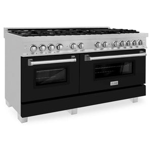 ZLINE 60 in. 7.4 cu. ft. Legacy Dual Fuel Range with 9 Burner Gas Cooktop and 2 Electric Convection Ovens in Satin Stainless Steel and Black Matte Doors (RAS-BLM-60) main image.