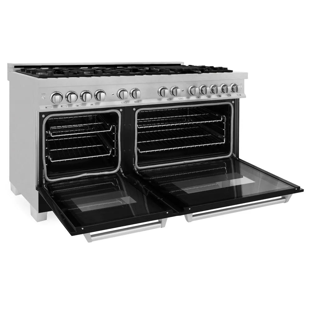 ZLINE 60 in. 7.4 cu. ft. Legacy Dual Fuel Range with 9 Burner Gas Cooktop and 2 Electric Convection Ovens in Satin Stainless Steel and Black Matte Doors (RAS-BLM-60) side, oven open.