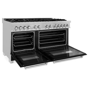 ZLINE 60 in. 7.4 cu. ft. Legacy Dual Fuel Range with 9 Burner Gas Cooktop and 2 Electric Convection Ovens in Satin Stainless Steel and Black Matte Doors (RAS-BLM-60) side, oven open.