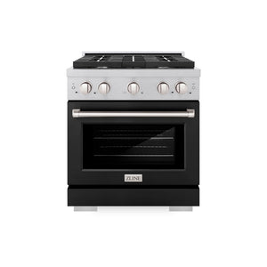 ZLINE 30 in. 4.2 cu. ft. Paramount Dual Fuel Range with 4 Burner Gas Cooktop and Electric Convection Oven in Satin Stainless Steel with Black Matte Door (SDRS-BLM-30) front.