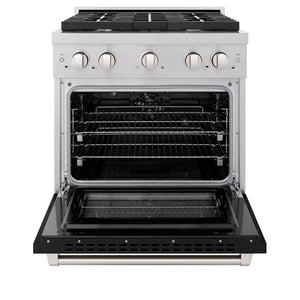 ZLINE 30 in. 4.2 cu. ft. Paramount Dual Fuel Range with 4 Burner Gas Cooktop and Electric Convection Oven in Satin Stainless Steel with Black Matte Door (SDRS-BLM-30) front, open.