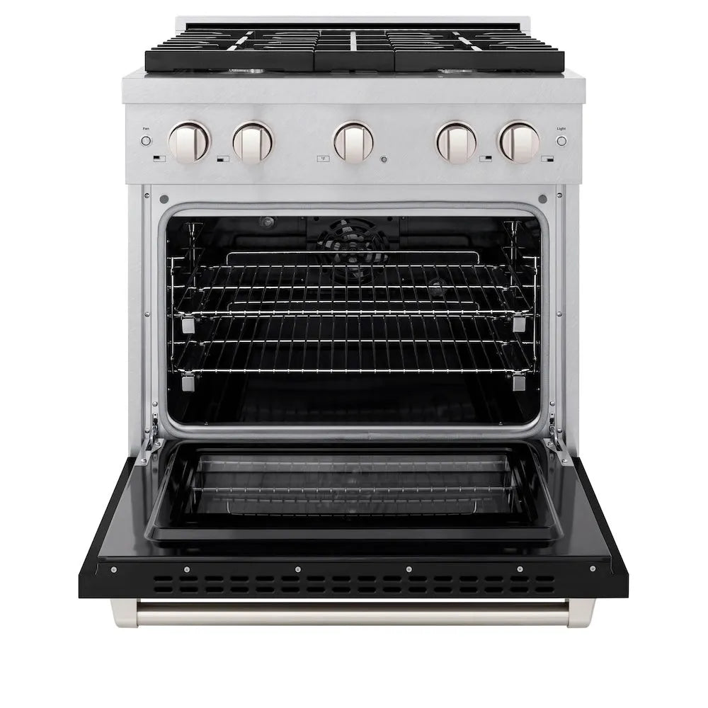 ZLINE 30 in. 4.2 cu. ft. Paramount Dual Fuel Range with 4 Burner Gas Cooktop and Electric Convection Oven in Satin Stainless Steel with Black Matte Door (SDRS-BLM-30) front, open.