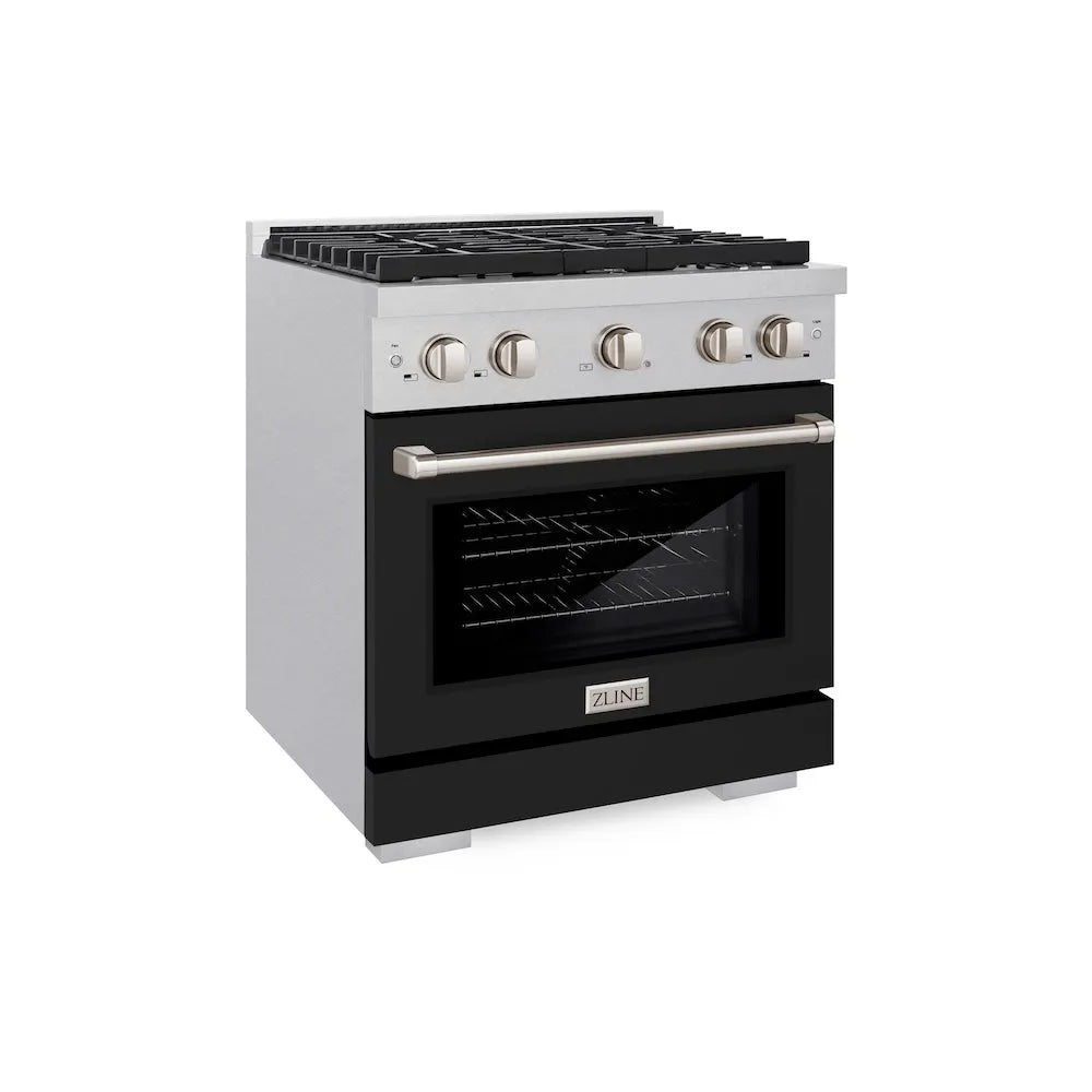 ZLINE 30 in. 4.2 cu. ft. Paramount Dual Fuel Range with 4 Burner Gas Cooktop and Electric Convection Oven in Satin Stainless Steel with Black Matte Door (SDRS-BLM-30) main image.