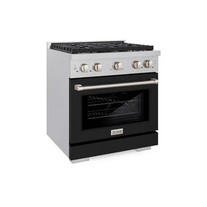 ZLINE 30 in. 4.2 cu. ft. Paramount Dual Fuel Range with 4 Burner Gas Cooktop and Electric Convection Oven in Satin Stainless Steel with Black Matte Door (SDRS-BLM-30) main image.