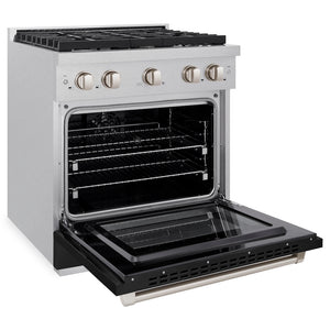ZLINE 30 in. 4.2 cu. ft. Paramount Dual Fuel Range with 4 Burner Gas Cooktop and Electric Convection Oven in Satin Stainless Steel with Black Matte Door (SDRS-BLM-30) side, oven open.