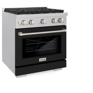 ZLINE 30 in. 4.2 cu. ft. Paramount Dual Fuel Range with 4 Burner Gas Cooktop and Electric Convection Oven in Satin Stainless Steel with Black Matte Door (SDRS-BLM-30) side, oven closed.