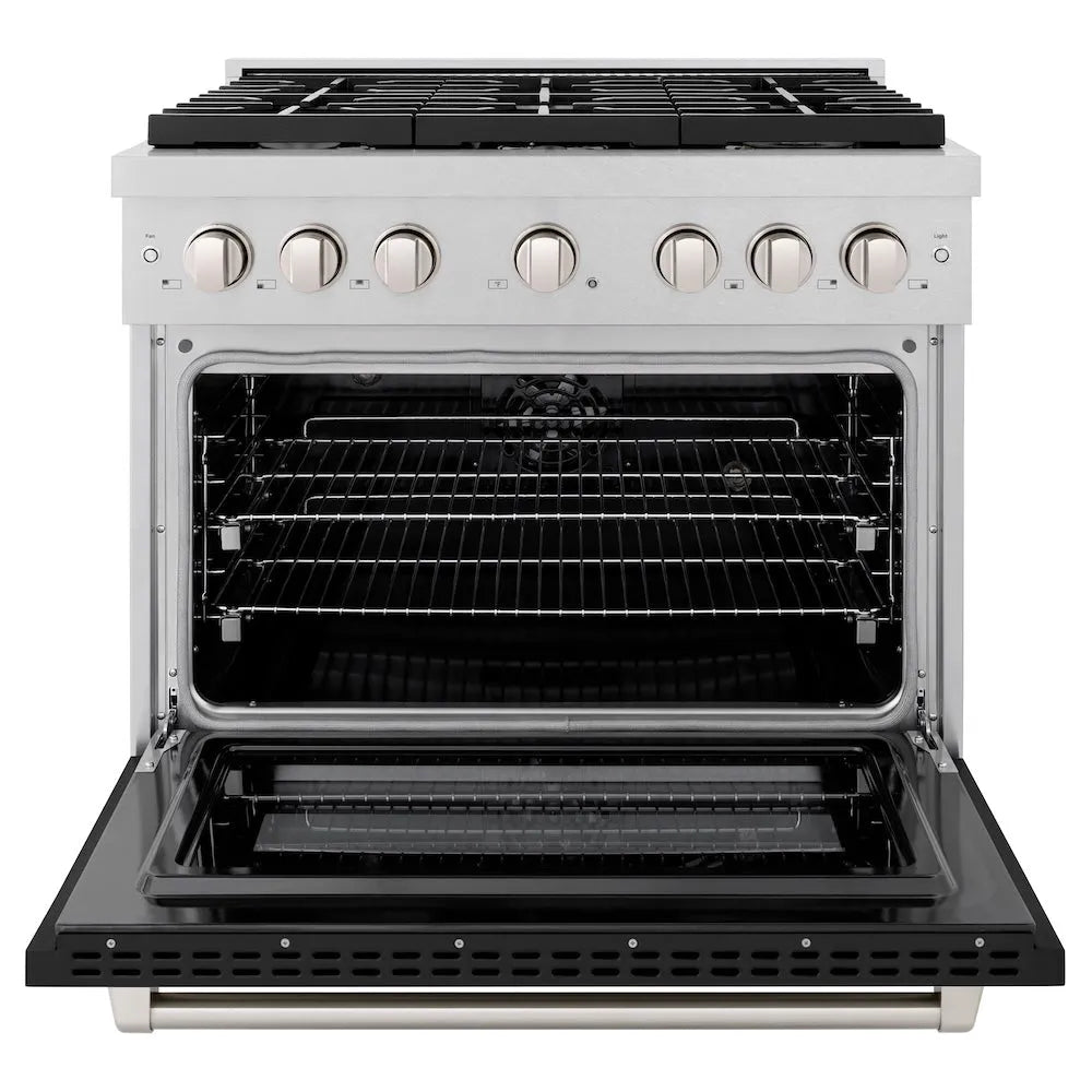 ZLINE 36 in. 5.2 cu. ft. Paramount Dual Fuel Range with 6 Burner Gas Cooktop and Electric Convection Oven in Satin Stainless Steel with Black Matte Door (SDRS-BLM-36) front, open.