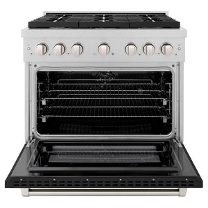 ZLINE 36 in. 5.2 cu. ft. Paramount Dual Fuel Range with 6 Burner Gas Cooktop and Electric Convection Oven in Satin Stainless Steel with Black Matte Door (SDRS-BLM-36) front, open.