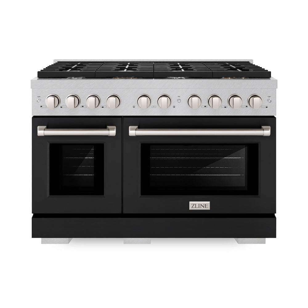 ZLINE 48 in. 6.7 cu. ft. Paramount Double Oven Dual Fuel Range with 8 Burner Gas Cooktop in Satin Stainless Steel with Black Matte Doors (SDRS-BLM-48) front.
