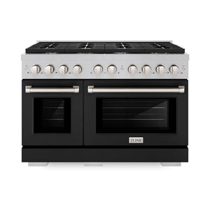 ZLINE 48 in. 6.7 cu. ft. Paramount Double Oven Dual Fuel Range with 8 Burner Gas Cooktop in Satin Stainless Steel with Black Matte Doors (SDRS-BLM-48) front.