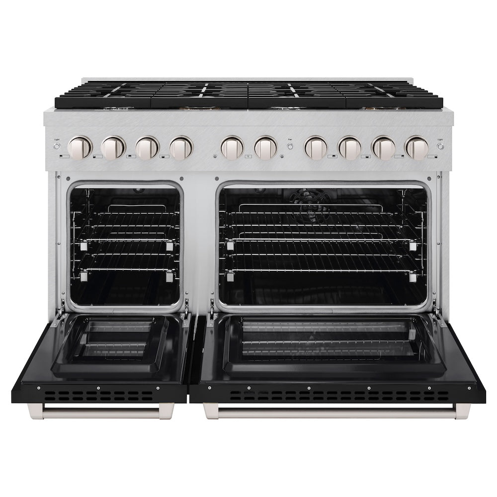 ZLINE 48 in. 6.7 cu. ft. Paramount Double Oven Dual Fuel Range with 8 Burner Gas Cooktop in Satin Stainless Steel with Black Matte Doors (SDRS-BLM-48) front, open.
