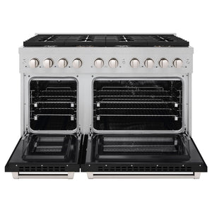 ZLINE 48 in. 6.7 cu. ft. Paramount Double Oven Dual Fuel Range with 8 Burner Gas Cooktop in Satin Stainless Steel with Black Matte Doors (SDRS-BLM-48) front, open.