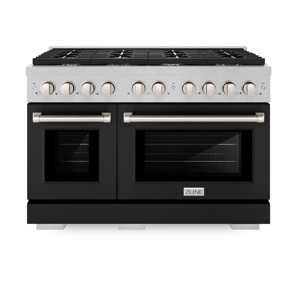 ZLINE 48 in. 6.7 cu. ft. Paramount Double Oven Dual Fuel Range with 8 Burner Gas Cooktop in Satin Stainless Steel with Black Matte Doors (SDRS-BLM-48) front, oven closed.