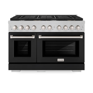 ZLINE 48 in. 6.7 cu. ft. Paramount Double Oven Dual Fuel Range with 8 Burner Gas Cooktop in Satin Stainless Steel with Black Matte Doors (SDRS-BLM-48) front, oven closed.