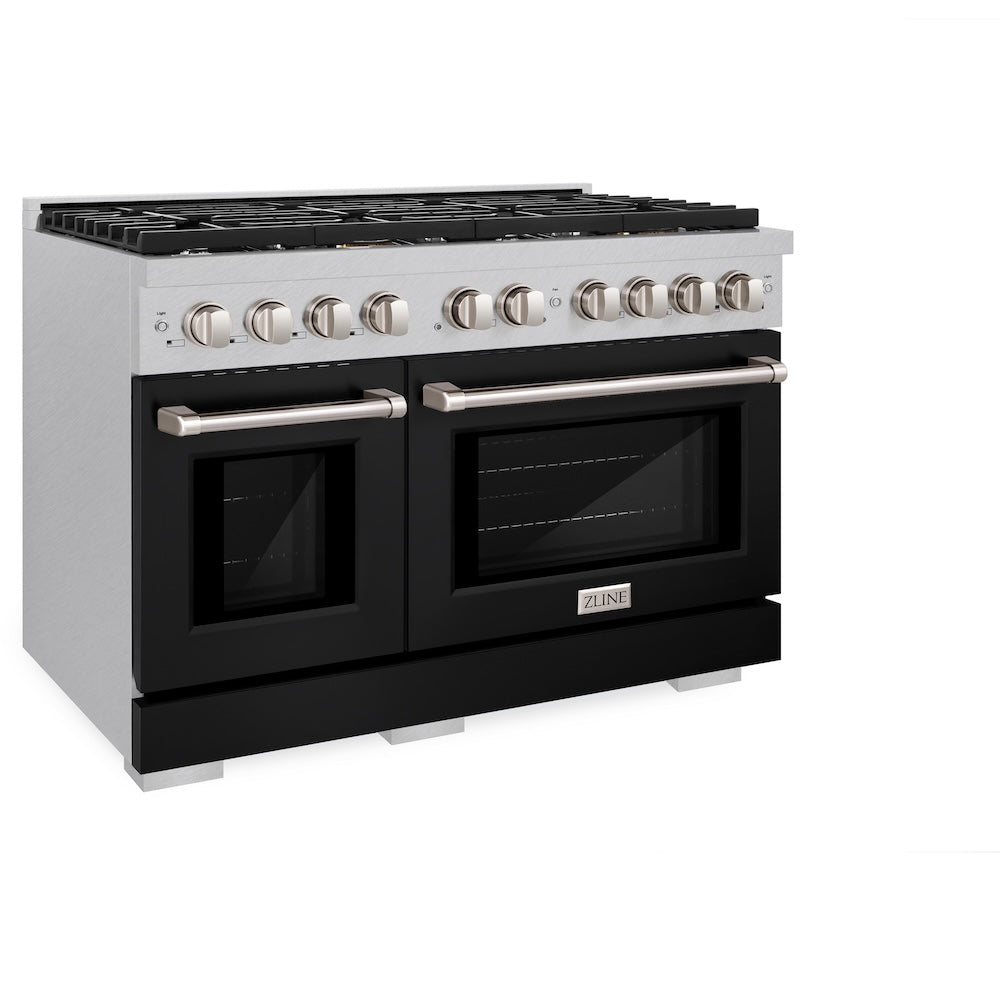 ZLINE 48 in. 6.7 cu. ft. Paramount Double Oven Dual Fuel Range with 8 Burner Gas Cooktop in Satin Stainless Steel with Black Matte Doors (SDRS-BLM-48) side, oven closed.