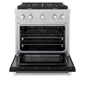 ZLINE 30 in. 4.2 cu. ft. Paramount Gas Range with 4 Burner Cooktop and Convection Gas Oven in Satin Stainless Steel with Black Matte Door (SGRS-BLM-30) front, open.
