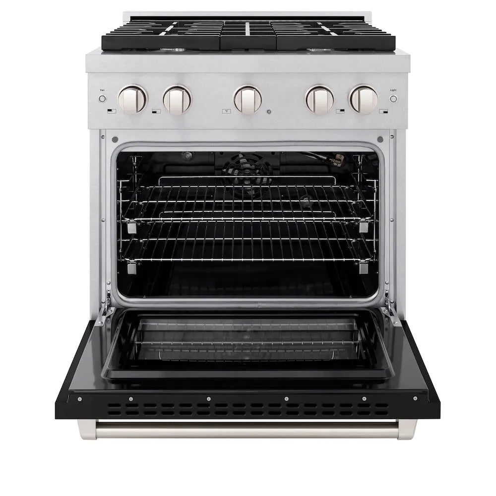 ZLINE 30 in. 4.2 cu. ft. Paramount Gas Range with 4 Burner Cooktop and Convection Gas Oven in Satin Stainless Steel with Black Matte Door (SGRS-BLM-30) front, open.