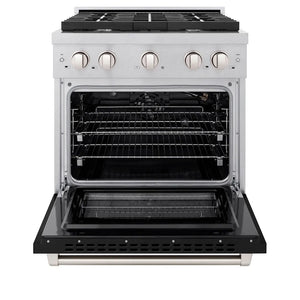 ZLINE 30 in. 4.2 cu. ft. Paramount Gas Range with 4 Burner Cooktop and Convection Gas Oven in Satin Stainless Steel with Black Matte Door (SGRS-BLM-30) front, open.