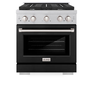 ZLINE 30 in. 4.2 cu. ft. Paramount Gas Range with 4 Burner Cooktop and Convection Gas Oven in Satin Stainless Steel with Black Matte Door (SGRS-BLM-30) front, oven closed.