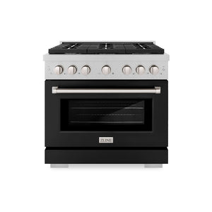 ZLINE 36 in. 5.2 cu. ft. Paramount Gas Range with 6 Burner Cooktop and Convection Gas Oven in Satin Stainless Steel with Black Matte Door (SGRS-BLM-36) front.