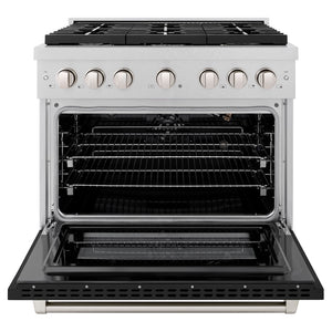 ZLINE 36 in. 5.2 cu. ft. Paramount Gas Range with 6 Burner Cooktop and Convection Gas Oven in Satin Stainless Steel with Black Matte Door (SGRS-BLM-36) front, open.