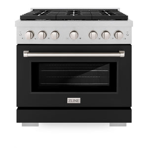 ZLINE 36 in. 5.2 cu. ft. Paramount Gas Range with 6 Burner Cooktop and Convection Gas Oven in Satin Stainless Steel with Black Matte Door (SGRS-BLM-36) front, oven closed.