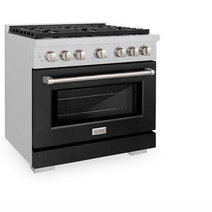 ZLINE 36 in. 5.2 cu. ft. Paramount Gas Range with 6 Burner Cooktop and Convection Gas Oven in Satin Stainless Steel with Black Matte Door (SGRS-BLM-36) side, oven closed.