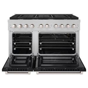 ZLINE 48 in. 6.7 cu. ft. Paramount Double Oven Gas Range with 8 Burner Cooktop in Satin Stainless Steel with Black Matte Doors (SGRS-BLM-48) front, open.