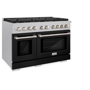 ZLINE 48 in. 6.7 cu. ft. Paramount Double Oven Gas Range with 8 Burner Cooktop in Satin Stainless Steel with Black Matte Doors (SGRS-BLM-48) side, oven closed.