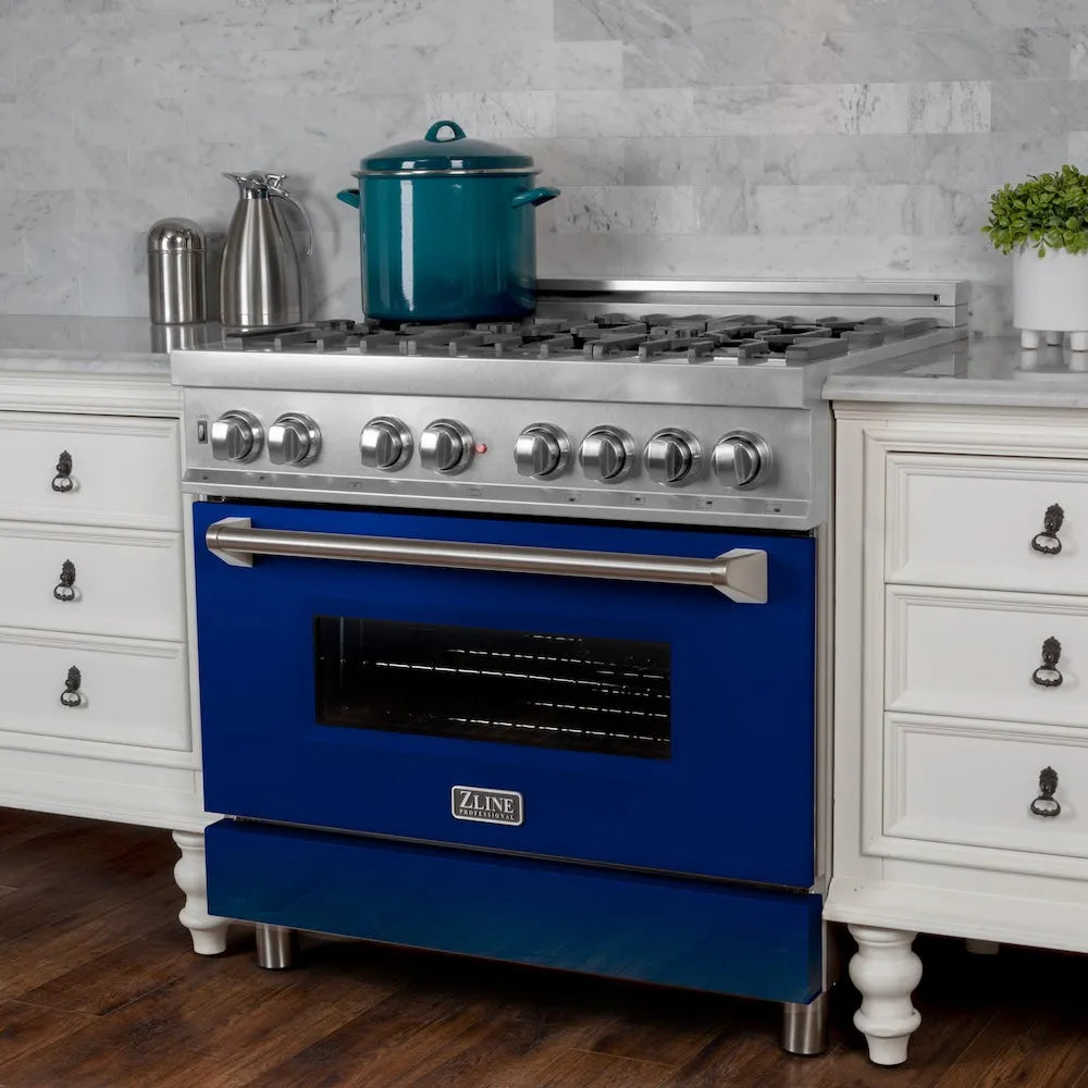 ZLINE 30 in. 4.0 cu. ft. Legacy Dual Fuel Range with 4 Burner Gas Cooktop and Electric Convection Oven in Satin Stainless Steel and Blue Gloss Door (RAS-BG-30)