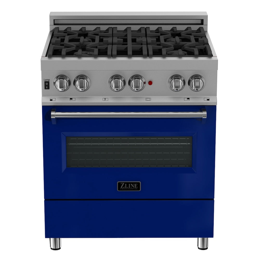 ZLINE 30 in. 4.0 cu. ft. Legacy Dual Fuel Range with 4 Burner Gas Cooktop and Electric Convection Oven in Satin Stainless Steel and Blue Gloss Door (RAS-BG-30) front, oven closed.