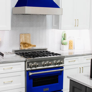 ZLINE 30 in. 4.0 cu. ft. Legacy Dual Fuel Range with 4 Burner Gas Cooktop and Electric Convection Oven in Satin Stainless Steel and Blue Gloss Door (RAS-BG-30)