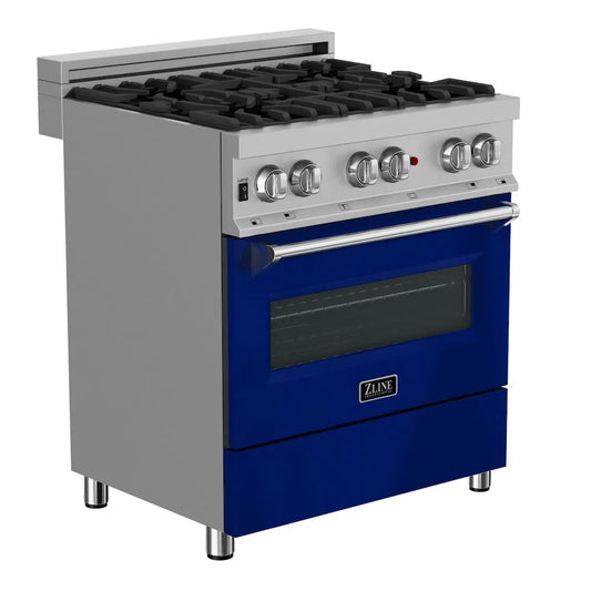 ZLINE 30 in. 4.0 cu. ft. Legacy Dual Fuel Range with 4 Burner Gas Cooktop and Electric Convection Oven in Satin Stainless Steel and Blue Gloss Door (RAS-BG-30) main image.