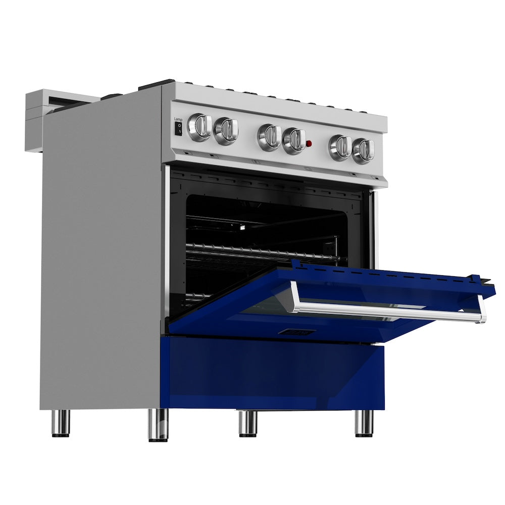 ZLINE 30 in. 4.0 cu. ft. Legacy Dual Fuel Range with 4 Burner Gas Cooktop and Electric Convection Oven in Satin Stainless Steel and Blue Gloss Door (RAS-BG-30)