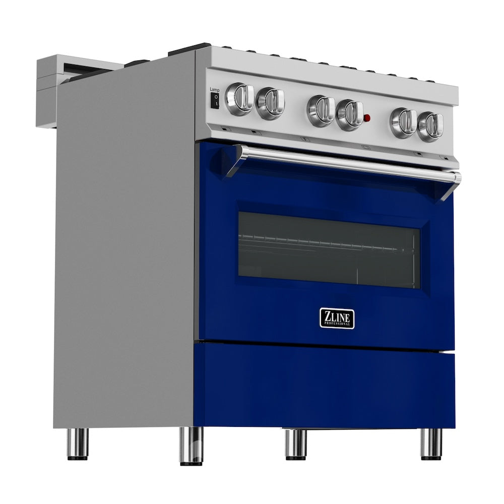 ZLINE 30 in. 4.0 cu. ft. Legacy Dual Fuel Range with 4 Burner Gas Cooktop and Electric Convection Oven in Satin Stainless Steel and Blue Gloss Door (RAS-BG-30)
