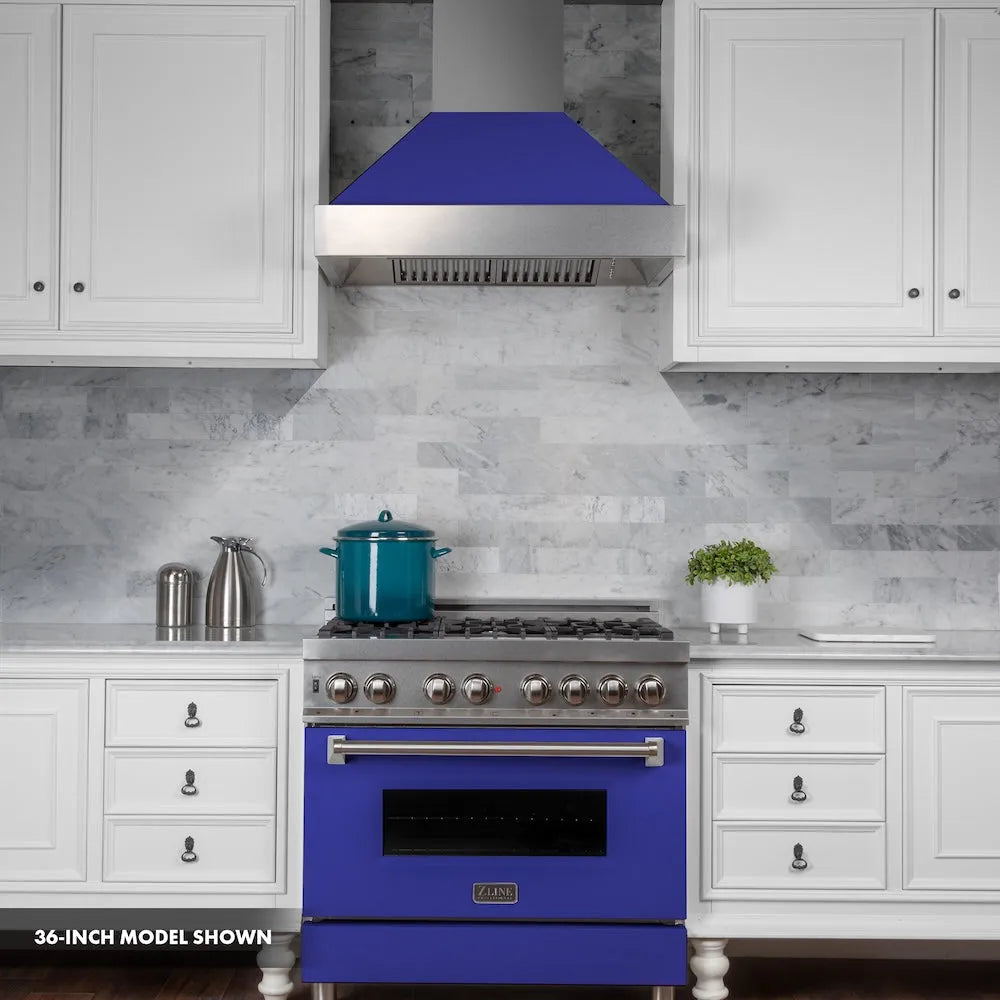 ZLINE 30 in. 4.0 cu. ft. Legacy Dual Fuel Range with 4 Burner Gas Cooktop and Electric Convection Oven in Satin Stainless Steel and Blue Matte Door (RAS-BM-30) front, oven closed.