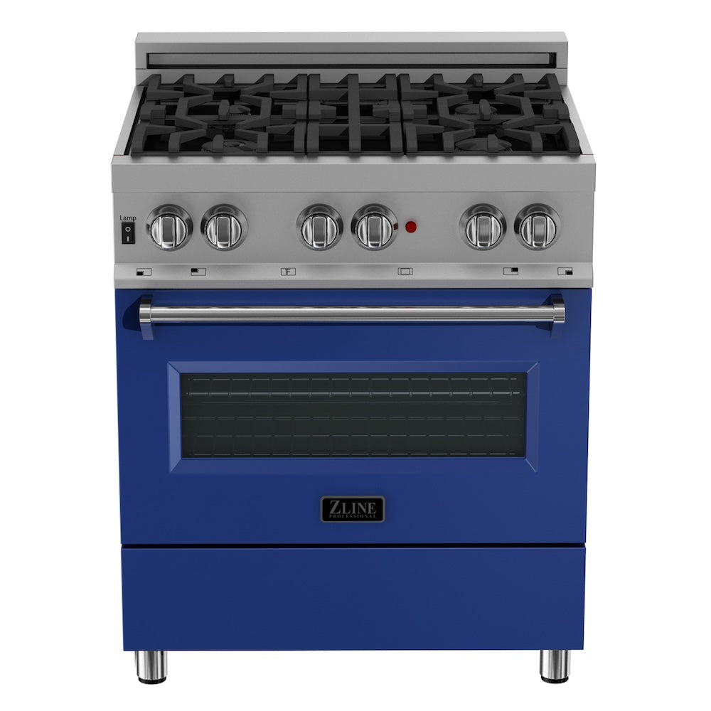 ZLINE 30 in. 4.0 cu. ft. Legacy Dual Fuel Range with 4 Burner Gas Cooktop and Electric Convection Oven in Satin Stainless Steel and Blue Matte Door (RAS-BM-30) front, oven closed.
