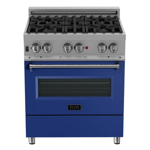 ZLINE 30 in. 4.0 cu. ft. Legacy Dual Fuel Range with 4 Burner Gas Cooktop and Electric Convection Oven in Satin Stainless Steel and Blue Matte Door (RAS-BM-30) front, oven closed.