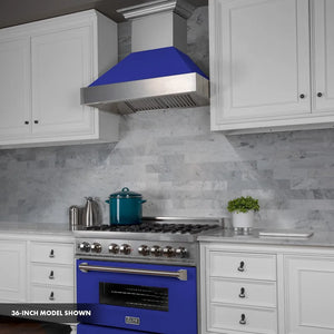 ZLINE 30 in. 4.0 cu. ft. Legacy Dual Fuel Range with 4 Burner Gas Cooktop and Electric Convection Oven in Satin Stainless Steel and Blue Matte Door (RAS-BM-30) side.