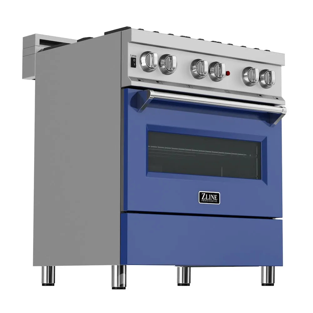 ZLINE 30 in. 4.0 cu. ft. Legacy Dual Fuel Range with 4 Burner Gas Cooktop and Electric Convection Oven in Satin Stainless Steel and Blue Matte Door (RAS-BM-30) main image.