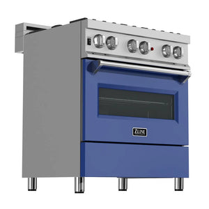 ZLINE 30 in. 4.0 cu. ft. Legacy Dual Fuel Range with 4 Burner Gas Cooktop and Electric Convection Oven in Satin Stainless Steel and Blue Matte Door (RAS-BM-30) main image.