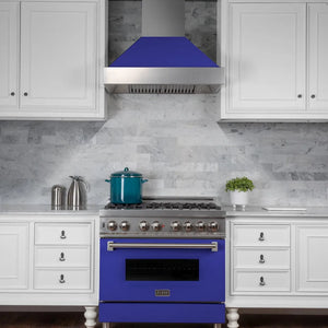 ZLINE 30 in. 4.0 cu. ft. Legacy Dual Fuel Range with 4 Burner Gas Cooktop and Electric Convection Oven in Satin Stainless Steel and Blue Matte Door (RAS-BM-30) front, oven closed.