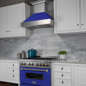 ZLINE 30 in. 4.0 cu. ft. Legacy Dual Fuel Range with 4 Burner Gas Cooktop and Electric Convection Oven in Satin Stainless Steel and Blue Matte Door (RAS-BM-30) side.