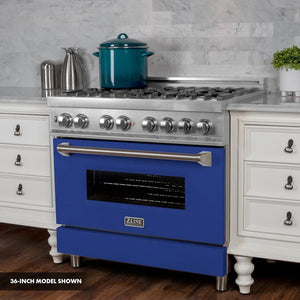 ZLINE 30 in. 4.0 cu. ft. Legacy Dual Fuel Range with 4 Burner Gas Cooktop and Electric Convection Oven in Satin Stainless Steel and Blue Matte Door (RAS-BM-30) side.