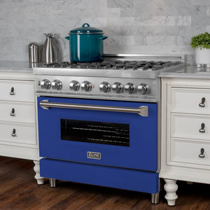 ZLINE 30 in. 4.0 cu. ft. Legacy Dual Fuel Range with 4 Burner Gas Cooktop and Electric Convection Oven in Satin Stainless Steel and Blue Matte Door (RAS-BM-30) side.