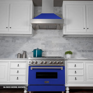 ZLINE 30 in. 4.0 cu. ft. Legacy Dual Fuel Range with 4 Burner Gas Cooktop and Electric Convection Oven in Satin Stainless Steel and Blue Matte Door (RAS-BM-30) front, under in a luxury kitchen.